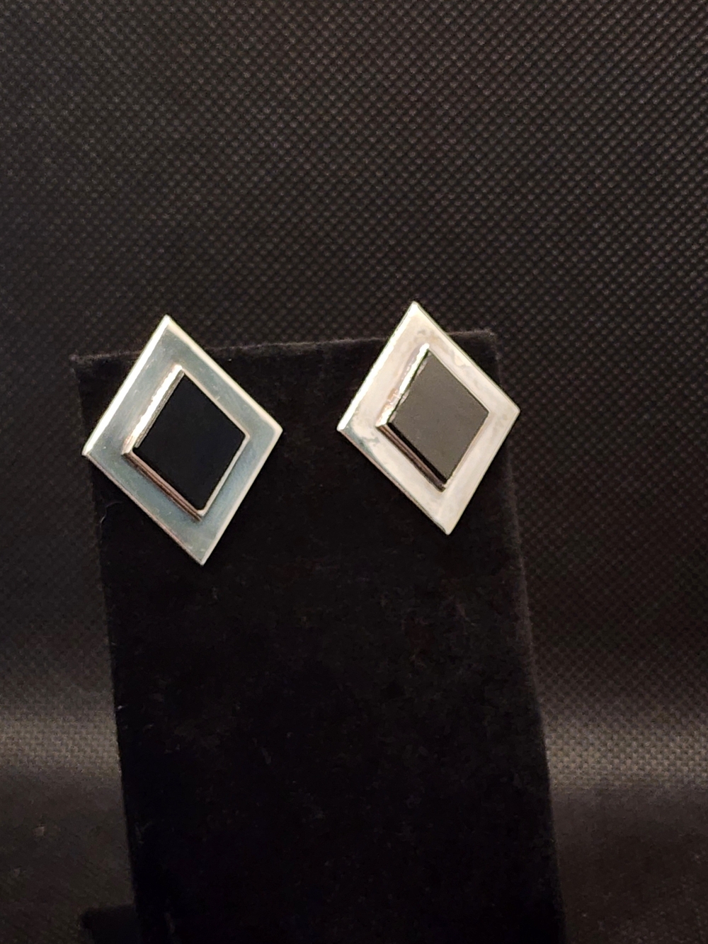 Vintage Geometric 925 Sterling Silver Onyx Square Stud Earrings